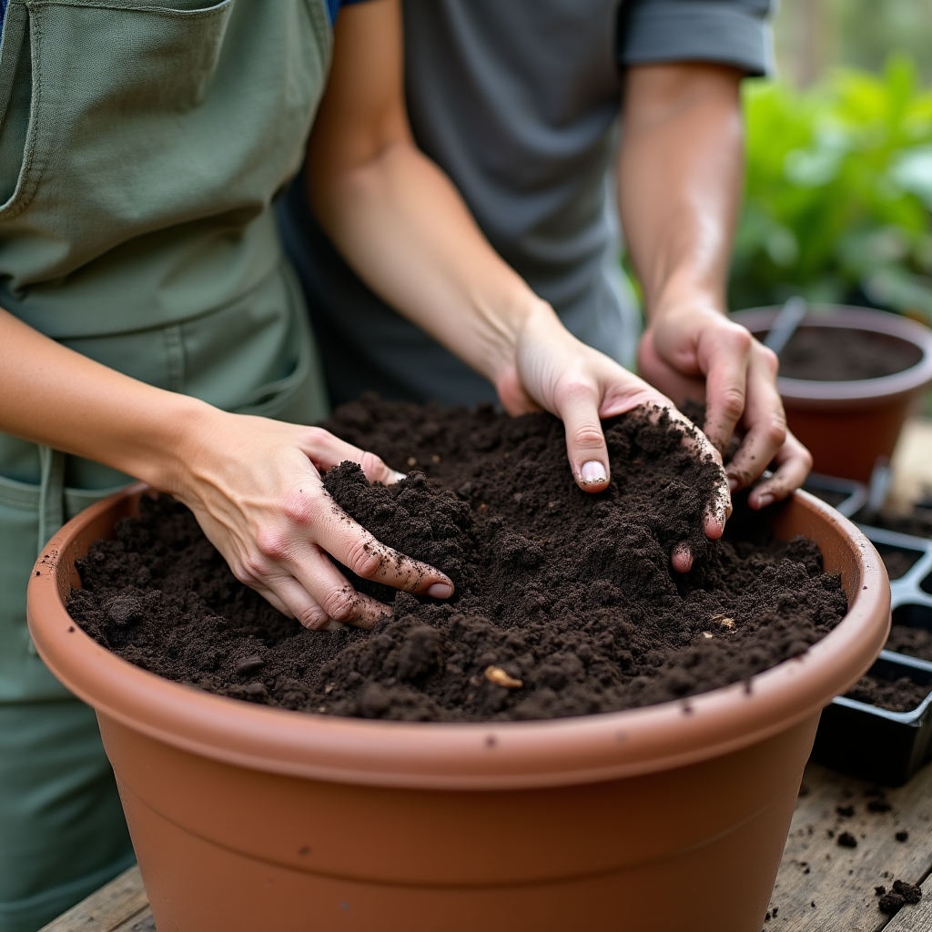 Účastníci kurzu pracují s půdou v nádobách na balkóně
